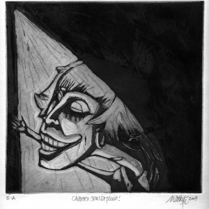 “Chanter sous la pluie” – E.A. - Gravure, aquatinte + pointe sèche monotypée - Format 19,5 x 18,5 cm