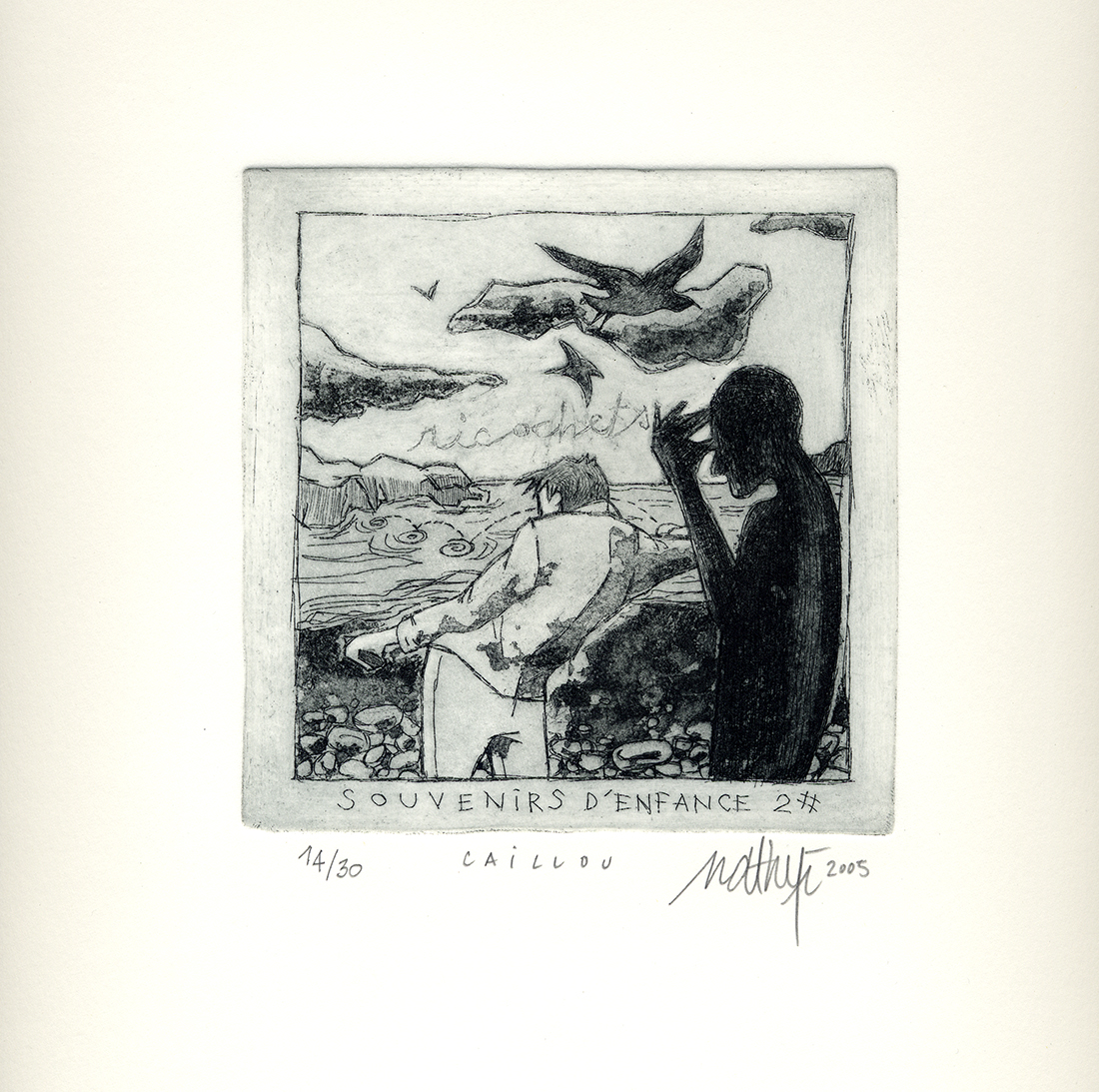 “CAILLOU” de la série “PAPIER, CAILLOU, CISEAUX & PUI(T)S…” - 4 aquatintes + pointe sèche - Tirage limité à 30 exemplaires, numérotés, signés - Format 12 x 12 cm sur papier chiffon de 30 x 30 - Estampe - cm