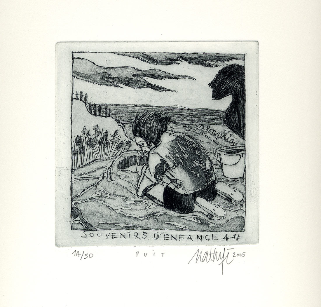 “PUIT” de la série “PAPIER, CAILLOU, CISEAUX & PUI(T)S…” - 4 aquatintes + pointe sèche - Tirage limité à 30 exemplaires, numérotés, signés - Format 12 x 12 cm sur papier chiffon de 30 x 30 cm - Estampe -