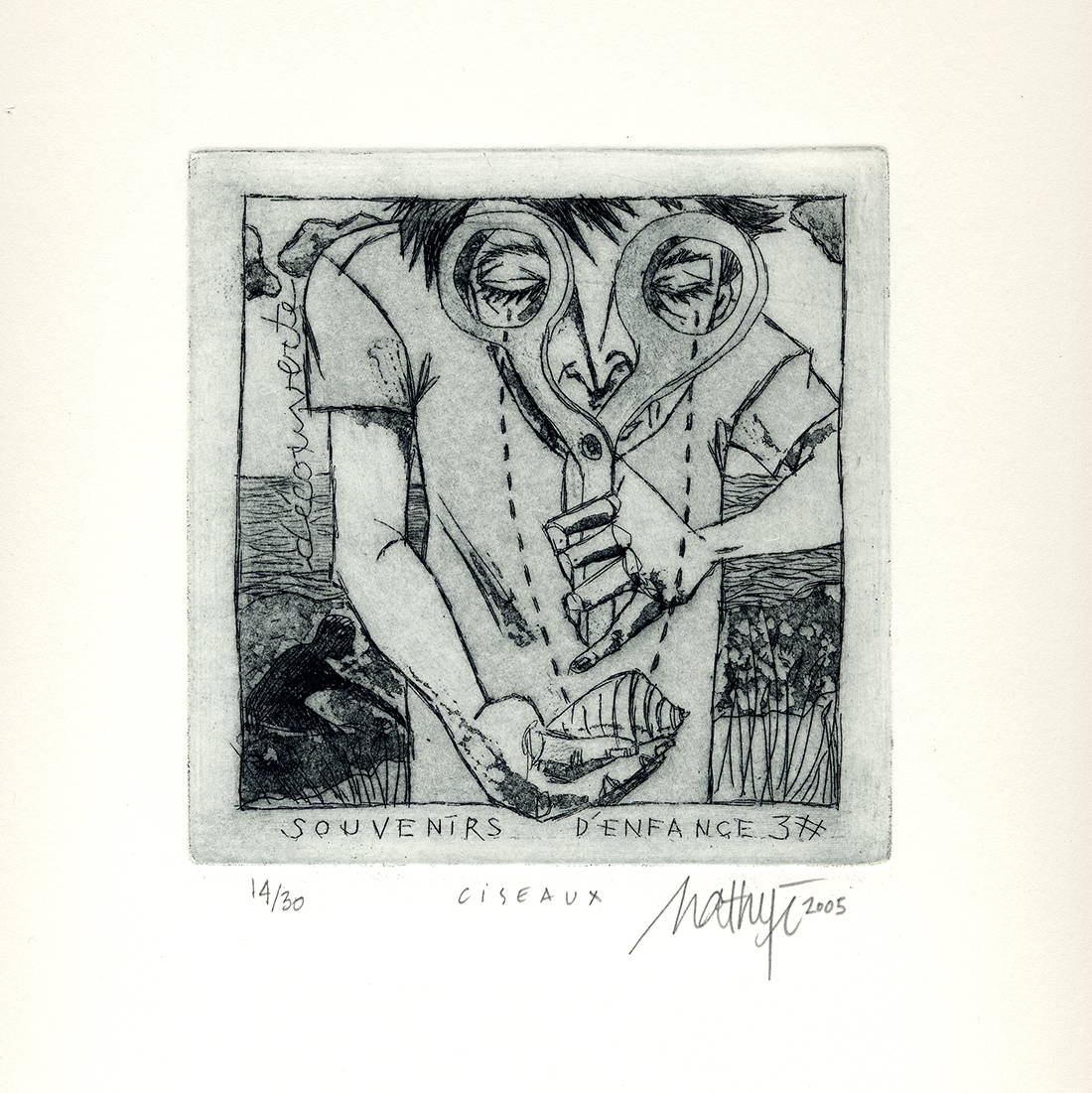 “CISEAUX” de la série “PAPIER, CAILLOU, CISEAUX & PUI(T)S…” - 4 aquatintes + pointe sèche - Tirage limité à 30 exemplaires, numérotés, signés - Format 12 x 12 cm sur papier chiffon de 30 x 30 cm - Estampe -