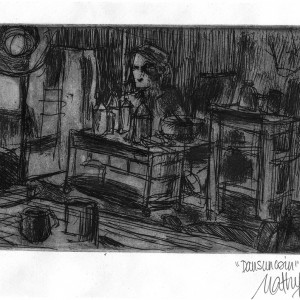 “Dans un coin d’atelier” – E.A. - Gravure, vernis mou monotypé - Format 20 x 11,5 cm