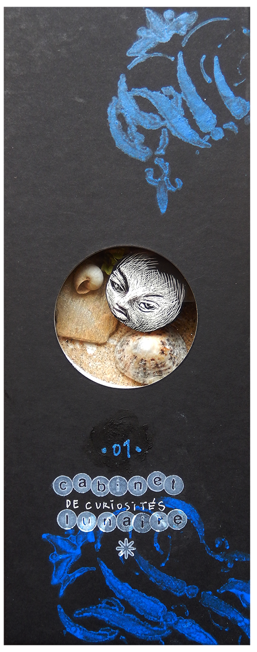 S É R I E “ C A B I N E T -D E C U R I O S I T É S- L U N A I R E ”. Série de 15 boîtes avec fenêtres en verre renfermant des lunes réalisées en carte à gratter. Dimensions des boîtes : L10,5 cm x H 27,5 cm x P 3,5 cm Boîte n° 01