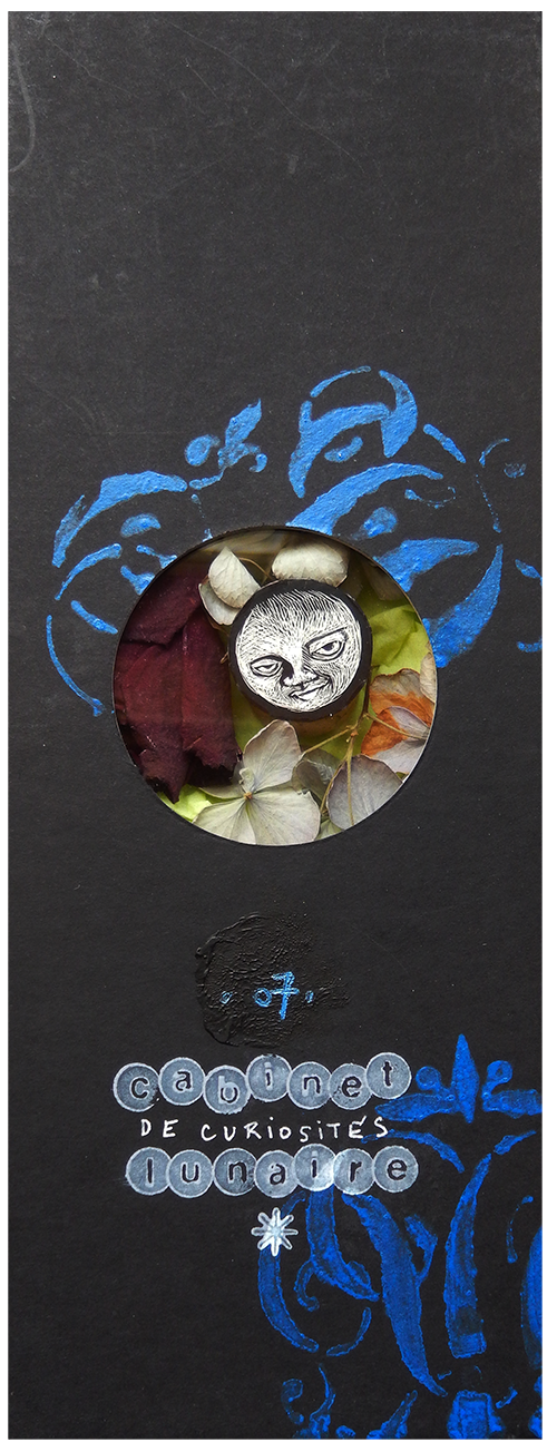 S É R I E “ C A B I N E T -D E C U R I O S I T É S- L U N A I R E ”. Série de 15 boîtes avec fenêtres en verre renfermant des lunes réalisées en carte à gratter. Dimensions des boîtes : L10,5 cm x H 27,5 cm x P 3,5 cm Boîte n° 07 – Dans la fraîcheur de la nuit, parfums de fleurs…