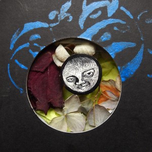 S É R I E “ C A B I N E T -D E C U R I O S I T É S- L U N A I R E ”. Série de 15 boîtes avec fenêtres en verre renfermant des lunes réalisées en carte à gratter. Dimensions des boîtes : L10,5 cm x H 27,5 cm x P 3,5 cm Boîte n° 07 – Dans la fraîcheur de la nuit, parfums de fleurs…