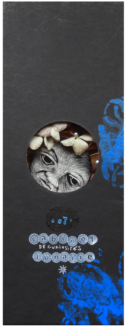 S É R I E “ C A B I N E T -D E C U R I O S I T É S- L U N A I R E ”. Série de 15 boîtes avec fenêtres en verre renfermant des lunes réalisées en carte à gratter. Dimensions des boîtes : L10,5 cm x H 27,5 cm x P 3,5 cm Boîte n° 08 – La lune se laisse bercer par la voix de Billie Holiday