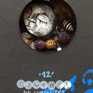 S É R I E “ C A B I N E T -D E C U R I O S I T É S- L U N A I R E ”. Série de 15 boîtes avec fenêtres en verre renfermant des lunes réalisées en carte à gratter. Dimensions des boîtes : L10,5 cm x H 27,5 cm x P 3,5 cm Boîte n° 12 – Les bijoux de la lune sont les étoiles