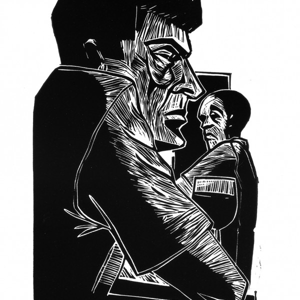 “Au coude à coude” - Linogravure - Format 14 x 22 cm – Tirage limité à 10 exemplaires, numérotés, signés - Estampe -