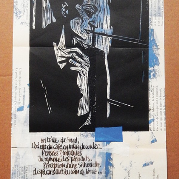 “Une touche de nonchalance” – Linogravure monotypée - Papier : 22 x 62 cm / format lino : 15,5 x 23 cm Exemplaire unique - Estampe -