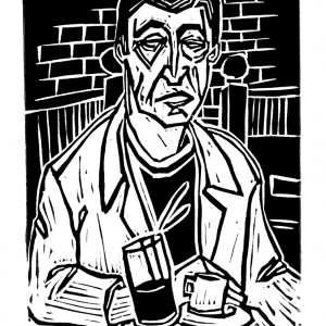 “Panser sa solitude au café” - Linogravure - Format 10,5 x 14 cm – Tirage : 20 exemplaires - Estampe -