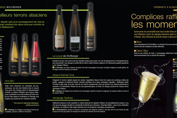3 volets 6 pages, format A5 (fermé), pour les vins de chez Wolfberger, ici l'intérieur déplié