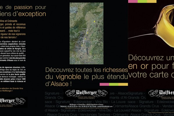 3 volets 6 pages, format A5 (fermé), pour les vins de chez Wolfberger