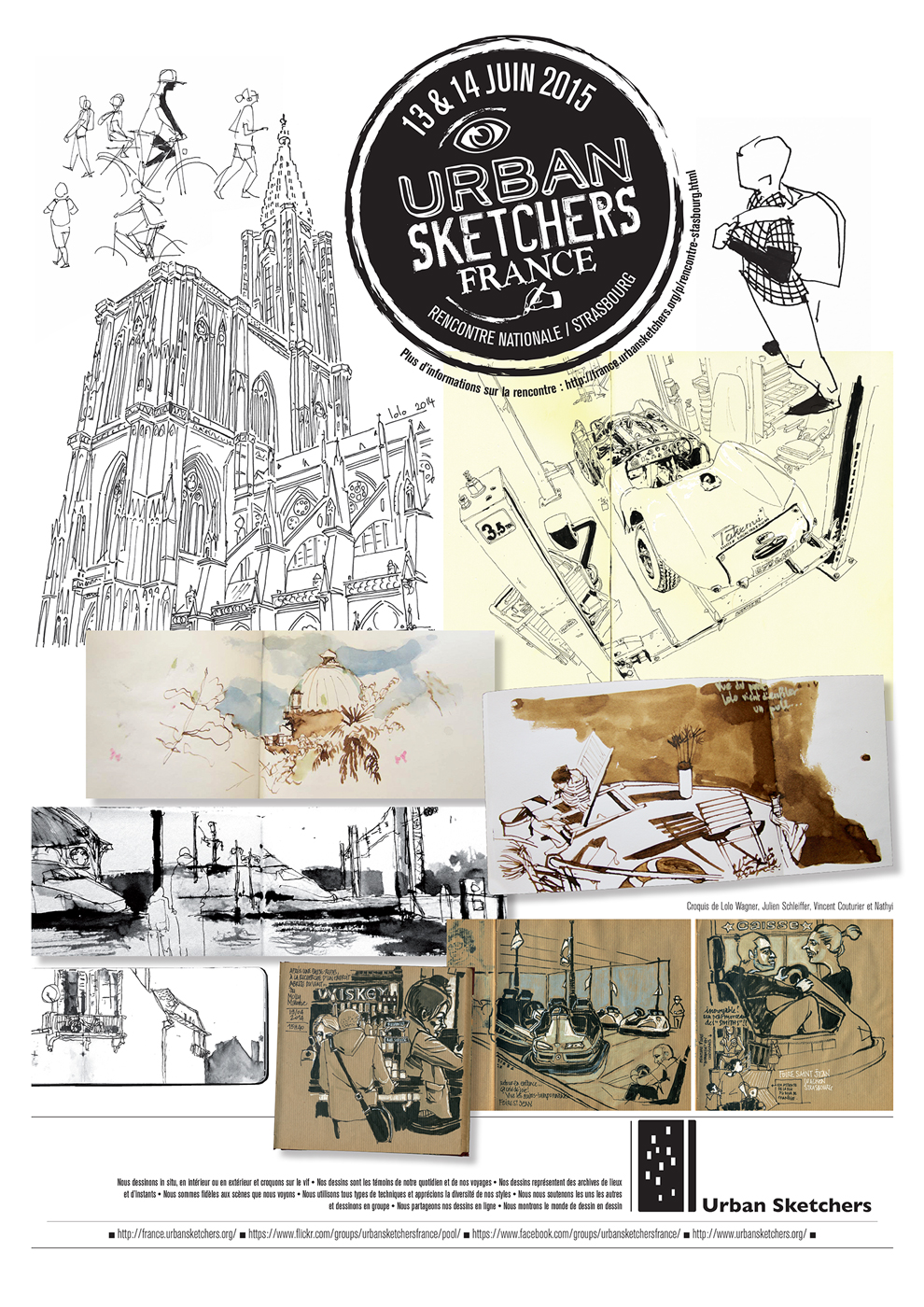 Affiche de la rencontre nationale Urban Sketchers - France -2015 à Strasbourg (Croquis durant le mois de juin). Graphisme par nathyi