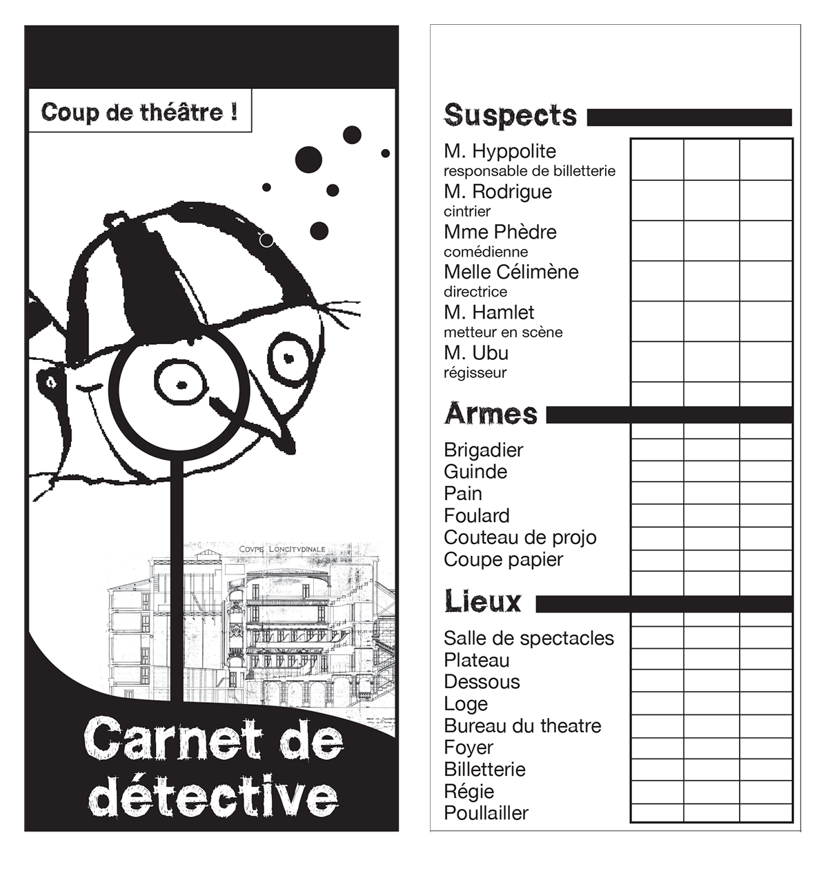 LE THÉÂTRE DE LUNÉVILLE – LA MÉRIDIENNE. Un projet passionnant et ludique basé sur le travail de Christian Voltz, génial illustrateur ! Création et réalisation d’une mallette pédagogique à destination du jeune public, l’aider à connaître et comprendre toutes formes de théâtre, par le biais de jeux, de vidéos, d’échantillons, etc. Graphisme par nathyi - Un jeu style “Cluedo” comprenant un plateau de jeu, 21 cartes, des dés et des pions : ici, le carnet de détective