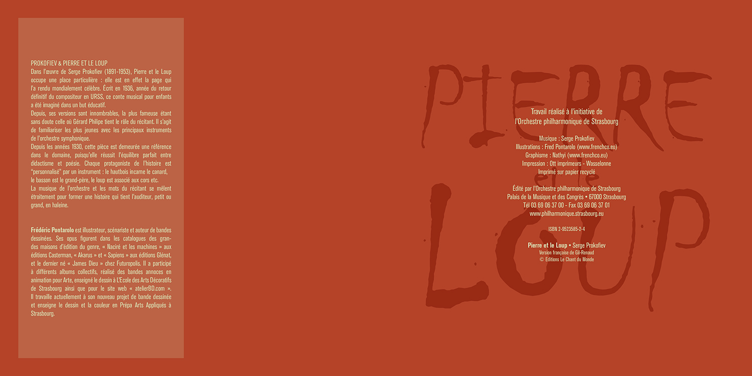 Livret “Pierre et le loup” de l'Orchestre Philarmonique de Strasbourg - OPS - Conte musical de Serge Prokofiev, illustrations de Fred Pontarolo et graphisme de nathyi - Double-page intérieure