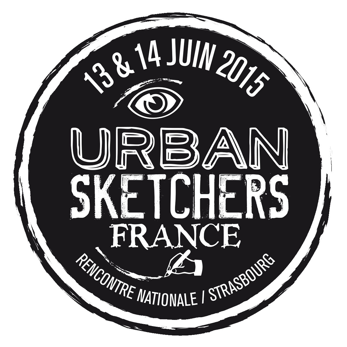 Badge/logo de la rencontre nationale Urban Sketchers - France -2015 à Strasbourg (Croquis durant le mois de juin). Graphisme par nathyi