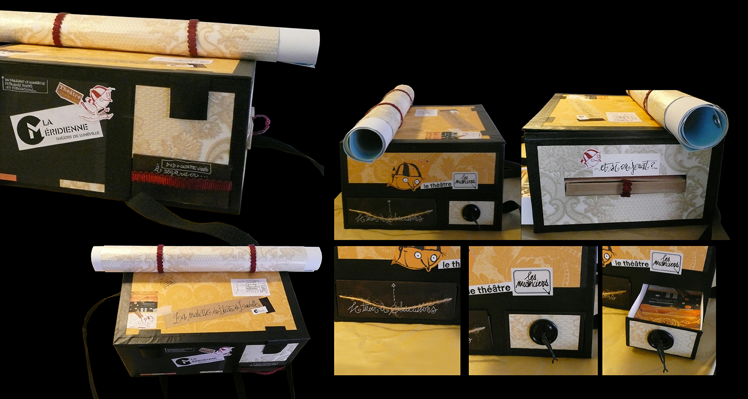 LE THÉÂTRE DE LUNÉVILLE – LA MÉRIDIENNE. Un projet passionnant et ludique basé sur le travail de Christian Voltz, génial illustrateur ! Création et réalisation d’une mallette pédagogique à destination du jeune public, l’aider à connaître et comprendre toutes formes de théâtre, par le biais de jeux, de vidéos, d’échantillons, etc. Graphisme par nathyi - La malette et ses accessoires