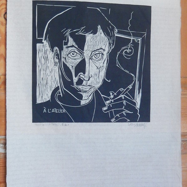 “À l’atelier” (autoportrait) - Linogravure - Format 30 x 30 cm - Estampe -