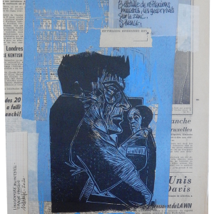 “Au coude à coude” – Linogravure monotypée sur fond de vieux journal DNA + bleu : 26,5 x 38 cm / Format lino : 16 x 21 cm / Exemplaire unique - Estampe -
