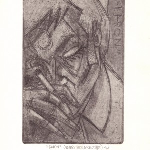 Dans la série : “COUP DE BAR” - “Baron” – 1/1 - Gravure, vernis mou monotypé - Format 9 x 13,5 cm - Estampe -