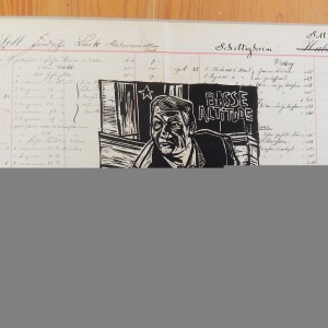 “Basse altitude” – Linogravure monotypée sur papier manuscrit Schiltigheim : 42,5 x 33 / Format lino : 19 x 19 cm / Exemplaire unique (hommage à Philippe Léotard) - Estampe -