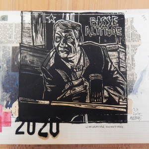 “Basse altitude” – Linogravure monotypée sur papier croix rouge : 35 x 23 / Format lino : 19 x 19 cm / Exemplaire unique (hommage à Philippe Léotard) - Estampe -