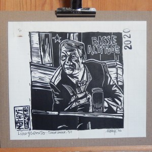 “Basse altitude” – Linogravure monotypée sur papier Vieux carnets : 27 x 23,5 / Format lino : 19 x 19 cm / Exemplaire unique (hommage à Philippe Léotard) - Estampe -