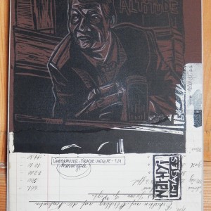 “Basse altitude” – Linogravure monotypée sur papier teinte chocolat : 20,5 x 30 / Format lino : 19 x 19 cm / Exemplaire unique (hommage à Philippe Léotard) - Estampe -