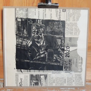 “Basse altitude” – Linogravure monotypée sur papier vieux journal : 31 x 29,5 / Format lino : 19 x 19 cm / Exemplaire unique (hommage à Philippe Léotard) - Estampe -