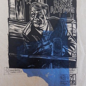 “Basse altitude” – Linogravure monotypée sur papier avec trace bleue : 24 x 32 / Format lino : 19 x 19 cm / Exemplaire unique (hommage à Philippe Léotard) - Estampe -