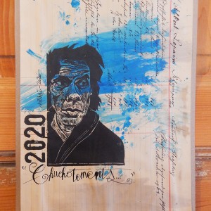 “Chuchotements” (hommage à Nick Cave) - Linogravure monotypée sur papier compta manuscrit avec tâche bleue + titre à la plume et encre de chine : 26,5 x 40 cm / Format lino : 13 x 20 cm / Exemplaire unique - Estampe -