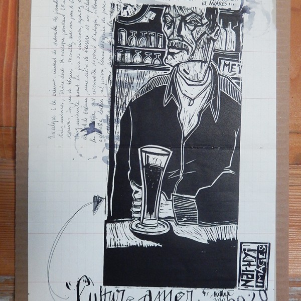 “Culture Amer” – Linogravure monotypée sur papier Schiltigheim-Haben : 26 x 42,5 cm / Format lino : 13,5 x 29 cm / Exemplaire unique - Estampe -