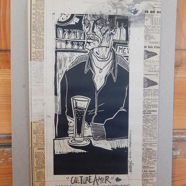 “Culture Amer” – Linogravure monotypée sur papier livre-comptable : 22,5 x 40 cm / Format lino : 13,5 x 29 cm / Exemplaire unique - Estampe -