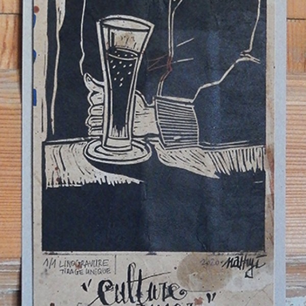 “Culture Amer” – Linogravure monotypée sur papier avec taches de brou de noix : 14,5 x 50 cm / Format lino : 13,5 x 29 cm / Exemplaire unique - Estampe -