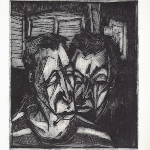 “Derrière les volets” – E.A. - Gravure, pointe sèche monotypée - Format 11,5 x 13,5 cm - Estampe -