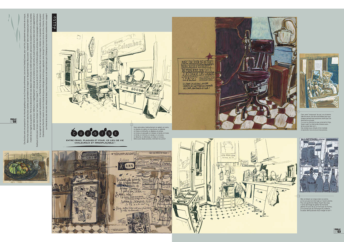 Double-page intérieure de “feuilles volantes” - bulletin illustré. VOLUME 01 : AUTOPSIE D’UN CONFINEMENT PAR 2 CARNETTISTES IMMOBILES – STRASBOURG > Lolo Wagner et nathyi. Journal de 16 pages quadri auto-édité. Graphisme nathyi. Prix : 12€