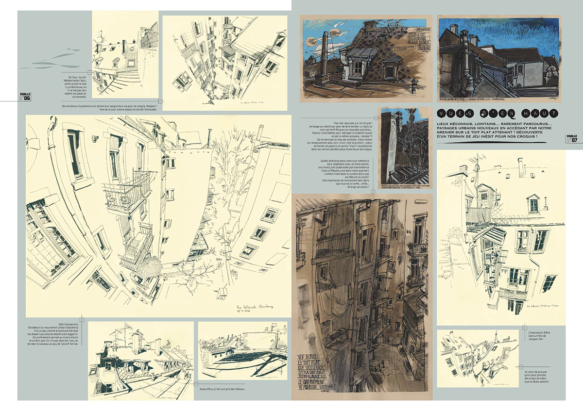 Double-page intérieure de “feuilles volantes” - bulletin illustré. VOLUME 01 : AUTOPSIE D’UN CONFINEMENT PAR 2 CARNETTISTES IMMOBILES – STRASBOURG > Lolo Wagner et nathyi. Journal de 16 pages quadri auto-édité. Graphisme nathyi. Prix : 12€