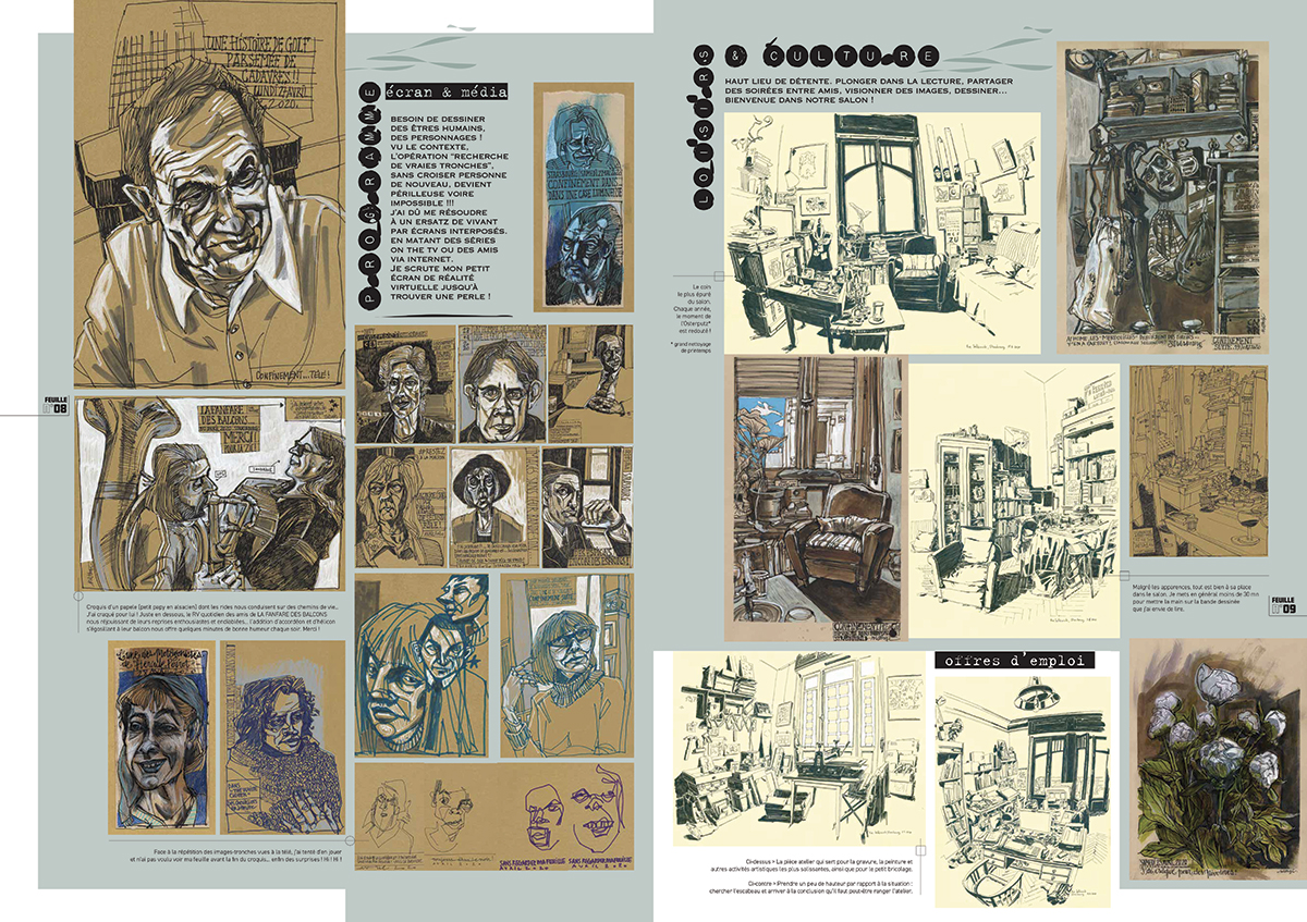 FeuillesVolantes_Page08-09_WEB Double-page intérieure de “feuilles volantes” - bulletin illustré. VOLUME 01 : AUTOPSIE D’UN CONFINEMENT PAR 2 CARNETTISTES IMMOBILES – STRASBOURG > Lolo Wagner et nathyi. Journal de 16 pages quadri auto-édité. Graphisme nathyi. Prix : 12€