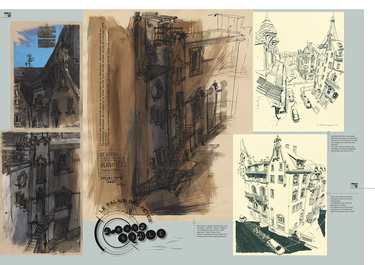 FeuillesVolantes_Page12-13_WEB Double-page intérieure de “feuilles volantes” - bulletin illustré. VOLUME 01 : AUTOPSIE D’UN CONFINEMENT PAR 2 CARNETTISTES IMMOBILES – STRASBOURG > Lolo Wagner et nathyi. Journal de 16 pages quadri auto-édité. Graphisme nathyi. Prix : 12€