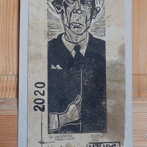 “L’illuminé” – Linogravure monotypée sur papier taché : 14 x 38 cm / Format lino : 9 x 24,5 cm - Exemplaire unique - Estampe -