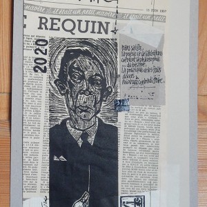 “L’illuminé” – Linogravure monotypée sur papier journal Le requin : 21 x 36 cm / Format lino : 9 x 24,5 cm - Exemplaire unique - Estampe -