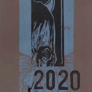 “L’innocent” - Linogravure monotypée sur papier brun + impression bleue en dessous : 14,5 x 28,5 cm / Format lino : 6 x 14 cm / Exemplaire unique - Estampe -