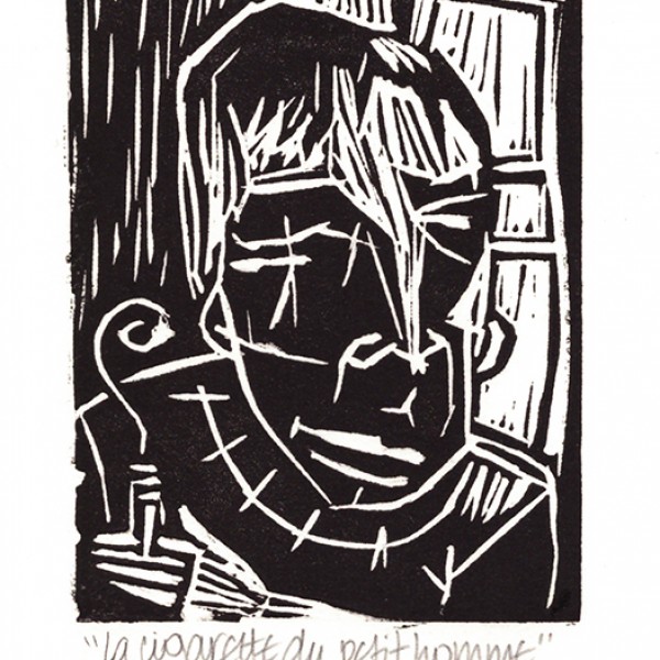 “La cigarette du petit homme” - Linogravure - E.A.- Estampe -