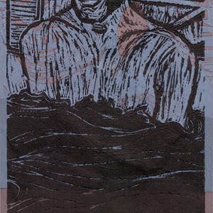 “La mousse du bain” - Linogravure monotypée sur papier couleurs vin + bleu : 12,5 x 33,5 cm / Format lino : 11,5 x 24 cm / Exemplaire unique - Estampe -