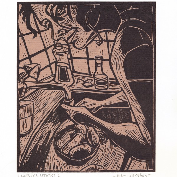 “Laver les patates !” - Linogravure - E.A. - Estampe -