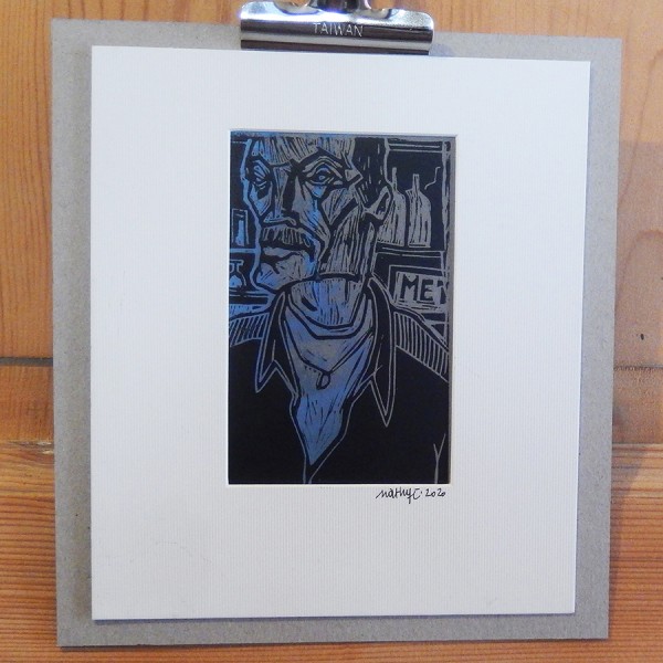 “Portrait Amer” - Linogravure monotypée sur fond gris bleu - Format lino : 11 x 15 cm - Exemplaire unique - Estampe -