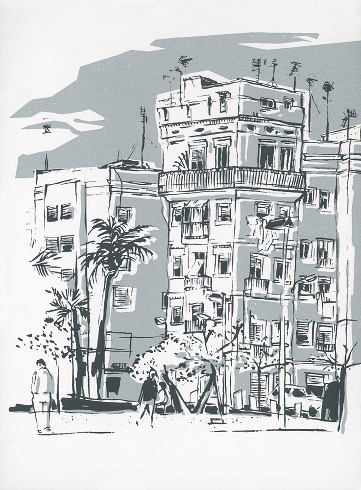 Carte postale sérigraphiée (2 couleurs) - Barcelone - à partir de mes croquis de voyage, série de 8 cartes insérées dans un carnet relié “maison”.