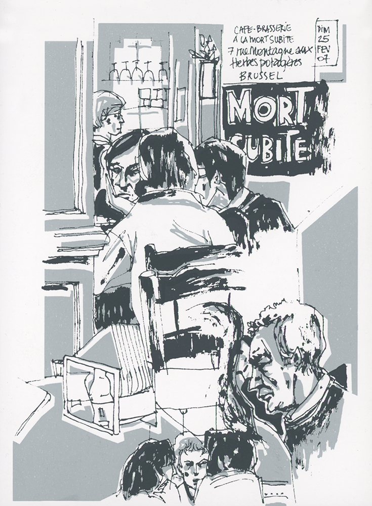 Carte postale sérigraphiée (2 couleurs) - Bruxelles en Belgique - à partir de mes croquis de voyage, série de 8 cartes insérées dans un carnet relié “maison”.