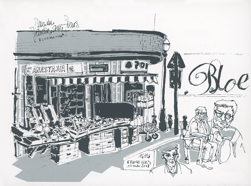 Carte postale sérigraphiée (2 couleurs) - Bruxelles en Belgique - à partir de mes croquis de voyage, série de 8 cartes insérées dans un carnet relié “maison”.