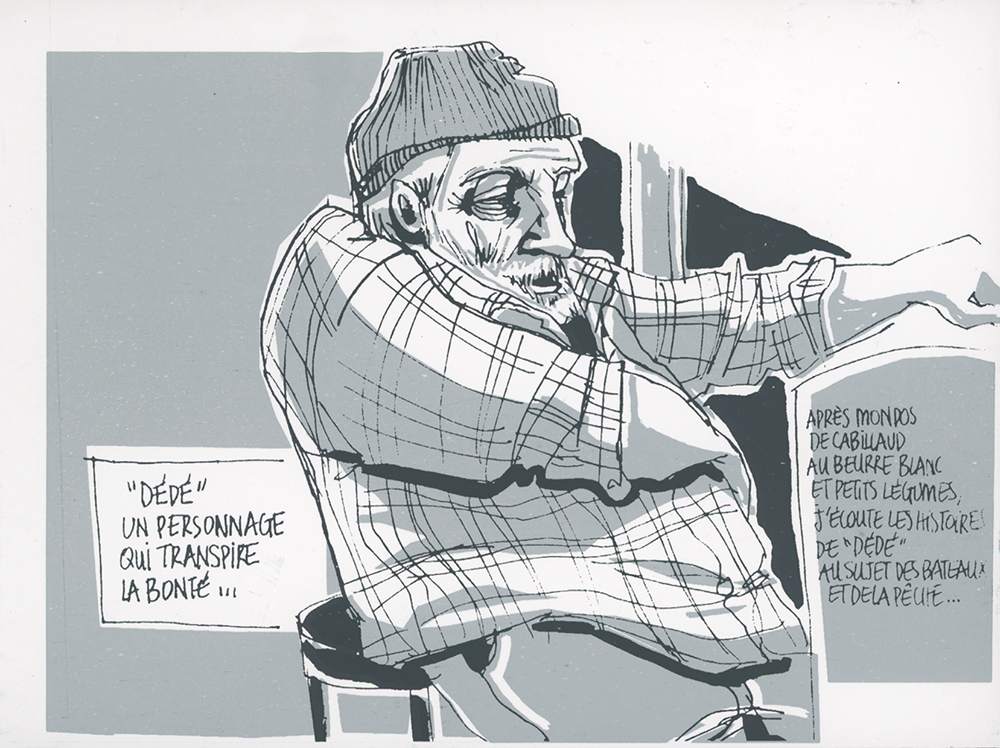 Carte postale sérigraphiée (2 couleurs) - Dédé de l'île de Sein en Bretagne - à partir de mes croquis de voyage, série de 8 cartes insérées dans un carnet relié “maison”.