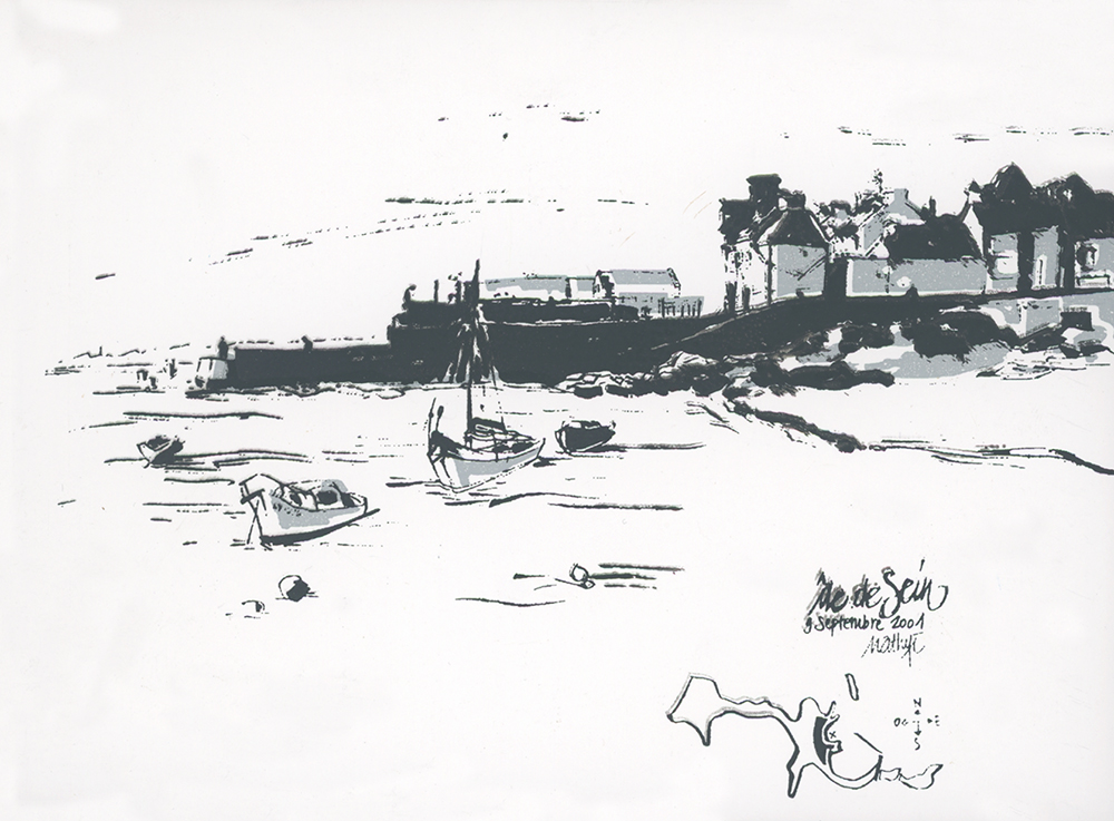 Carte postale sérigraphiée (2 couleurs) - l'île de Sein en Bretagne - à partir de mes croquis de voyage, série de 8 cartes insérées dans un carnet relié “maison”.